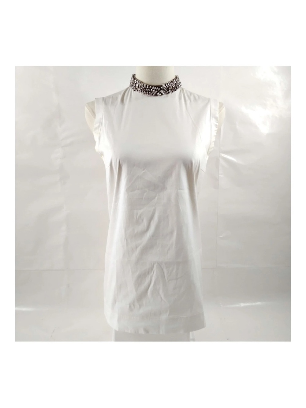 Prada Archival Miuccia Era Embellished Crystal Collar Sleeveless Top White IT 42